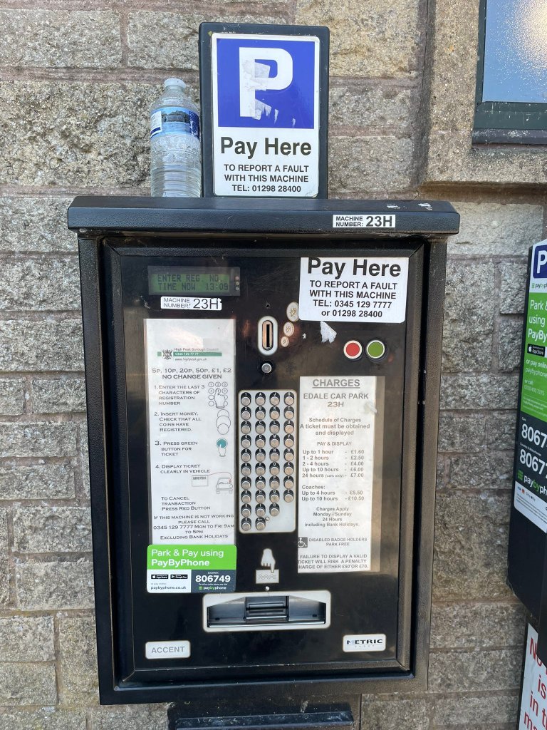 Car Park Payment machine, lots of different features for people to press, numbers to telephone and ways to pay