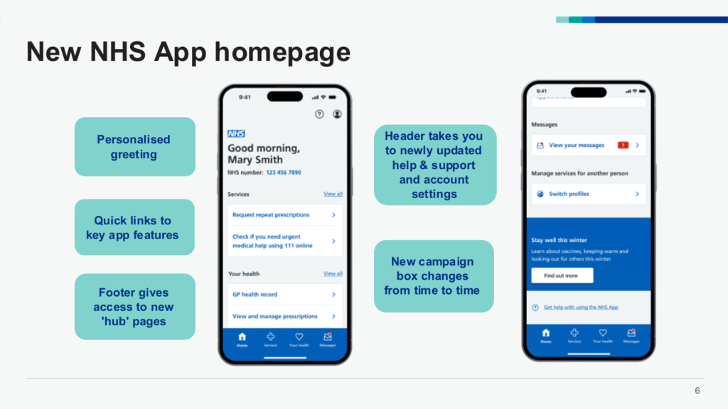 images of Welcome screen and Messages screen for new NHS App design, with labels to show users what the changes will look like